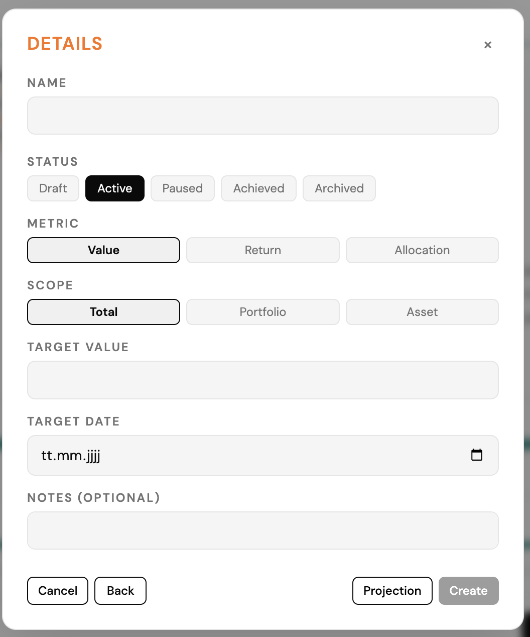 Open goal card with progress, measures and milestones.
